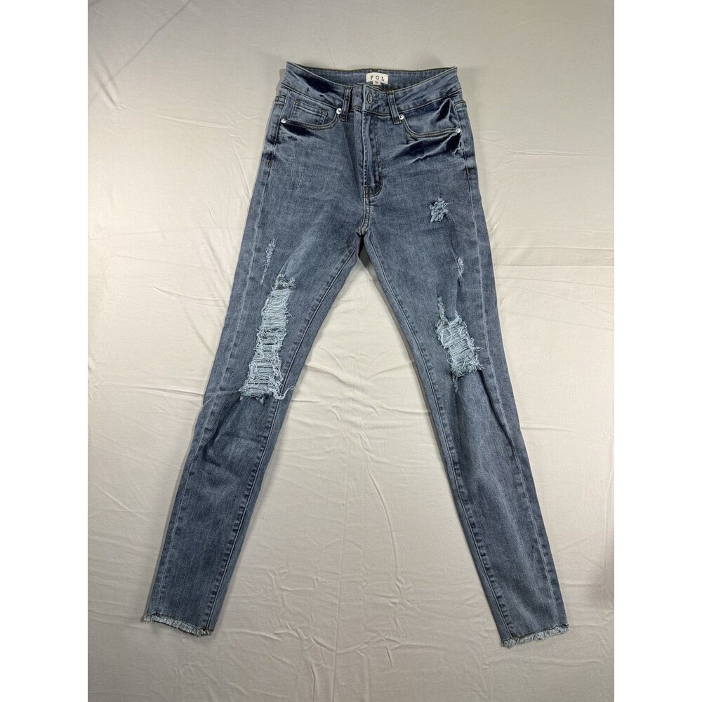 POL Women’s Small Blue Fringe Raw Hem Mid‑Rise Straight Jeans – Boho Western